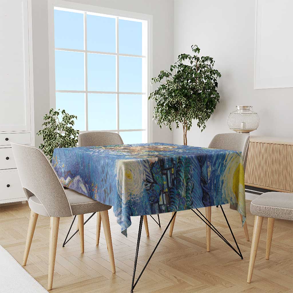 Blue Starry Night style tablecloth on a dining table with swirling blue pattern