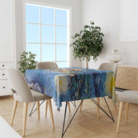 Blue Starry Night style tablecloth on a dining table with swirling blue pattern