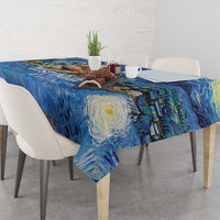Blue Starry Night style tablecloth covering a table with starry swirl artwork