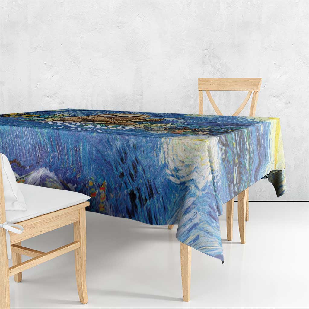 Blue Starry Night style tablecloth with sloth motif and swirling night-sky pattern