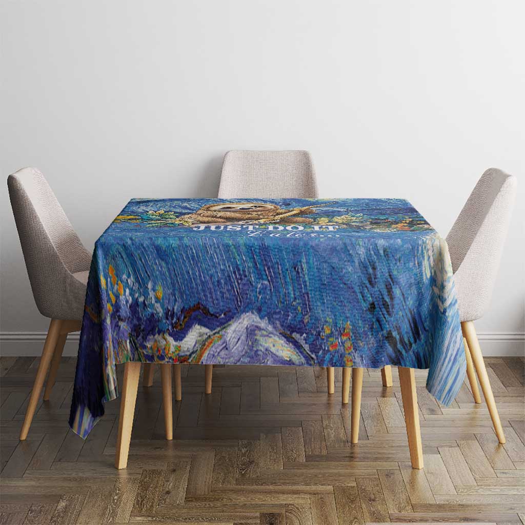 Blue Starry Night style tablecloth draped over a rectangular table with swirl artwork