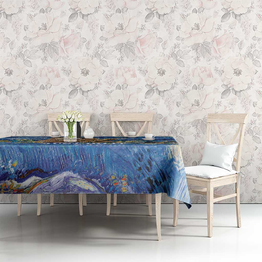 Blue Starry Night style tablecloth featuring sloth artwork and painterly wave swirls