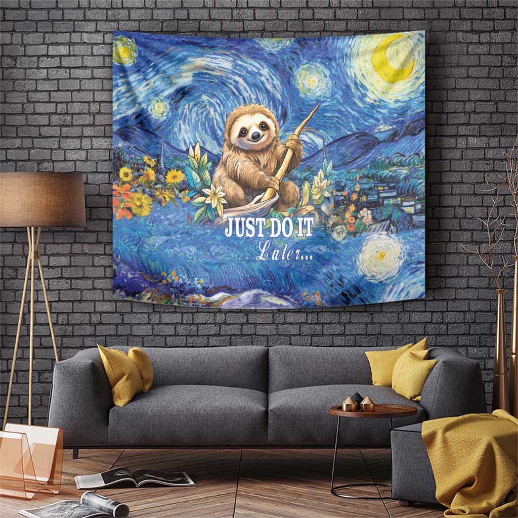 Blue sloth wall tapestry featuring starry night swirl sky, flowers, and “JUST DO IT”