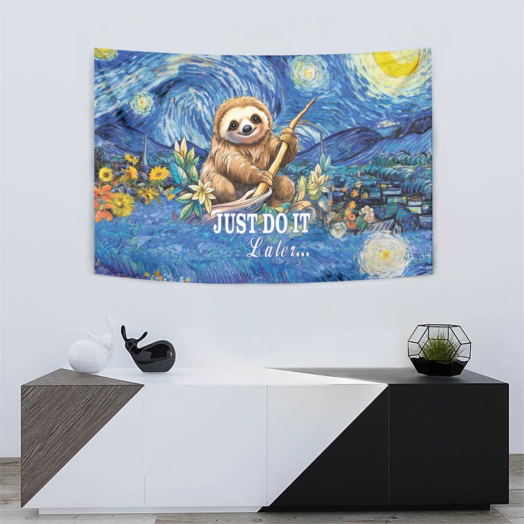 Blue sloth wall tapestry with detailed starry night scene and “JUST DO IT Late…”