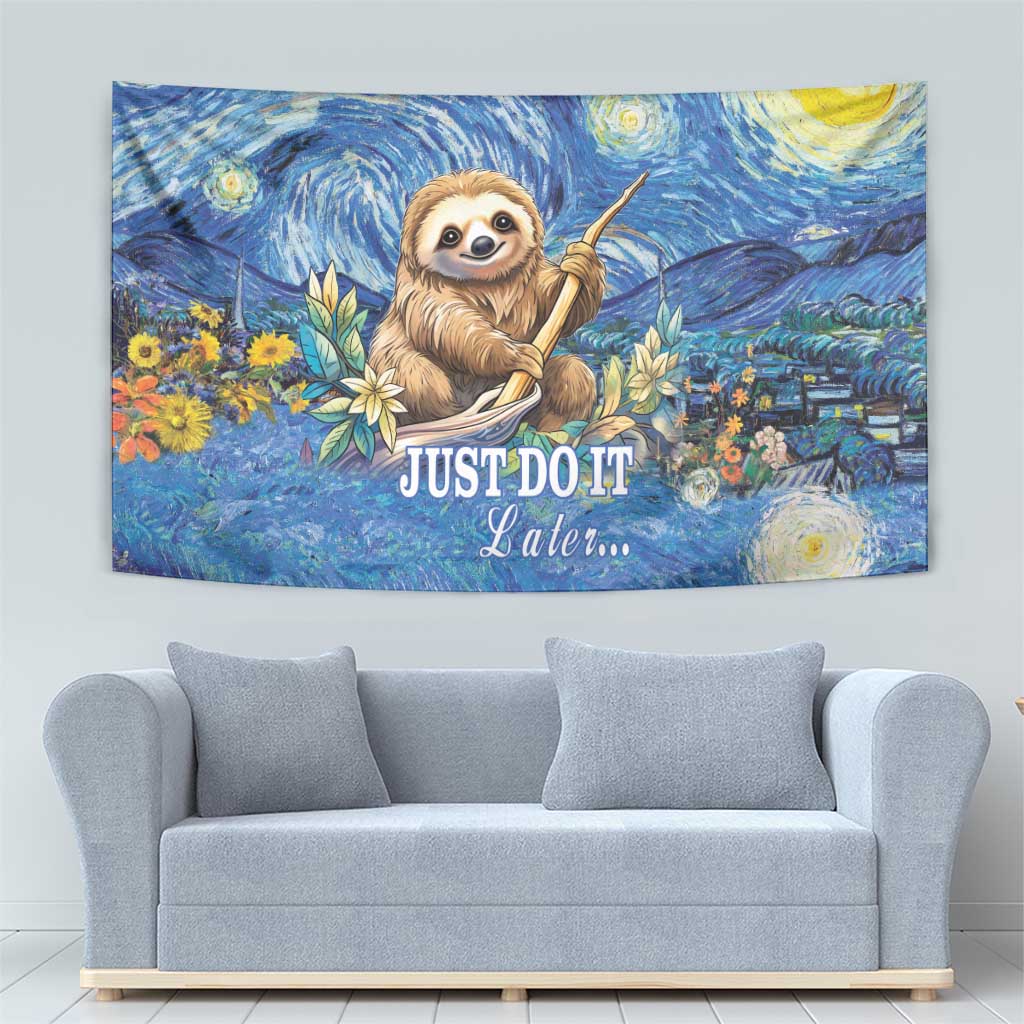 Blue sloth wall tapestry with sloth holding a leaf amid starry night stars