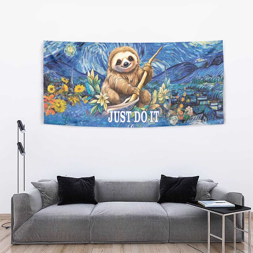 Blue sloth wall tapestry showing “JUST DO IT” over a starry night landscape
