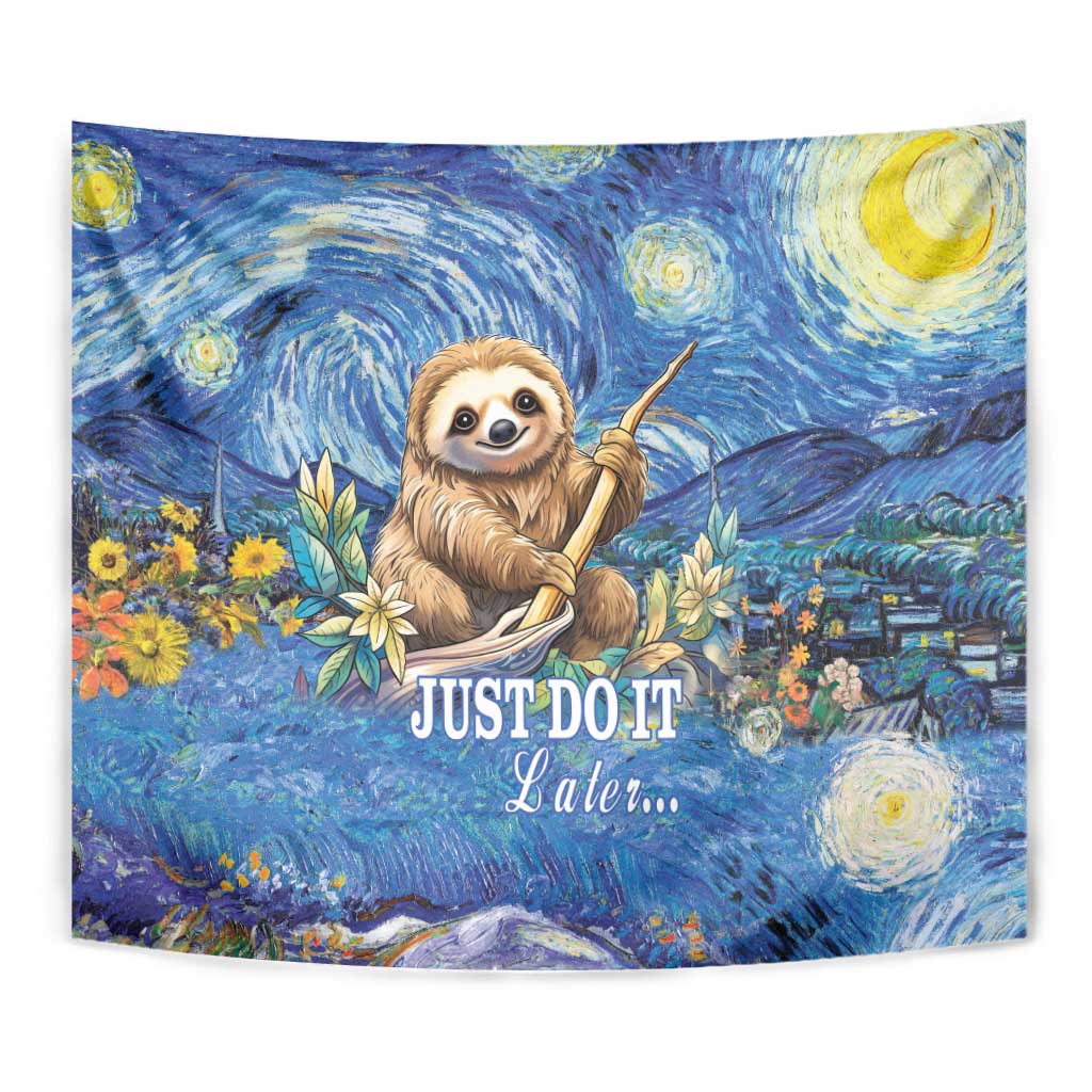 Blue sloth wall tapestry close-up with starry night background and “JUST DO IT Late…”