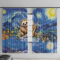 Blue sloth curtain panels with starry night print, moon and flowers, front view