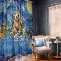 Blue sloth window curtain panel with starry night print, sloth character and moon accents