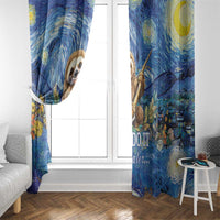 Blue sloth window curtains with starry night print, hanging panels framing a doorway
