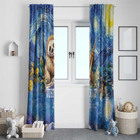 Blue sloth window curtain set with starry night artwork and sun accents, hanging panels