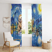 Blue sloth window curtains with starry night theme, moonlit sky and flower details