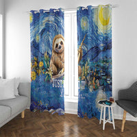 Blue sloth window curtains with starry night artwork, bright moon and sunflower accents