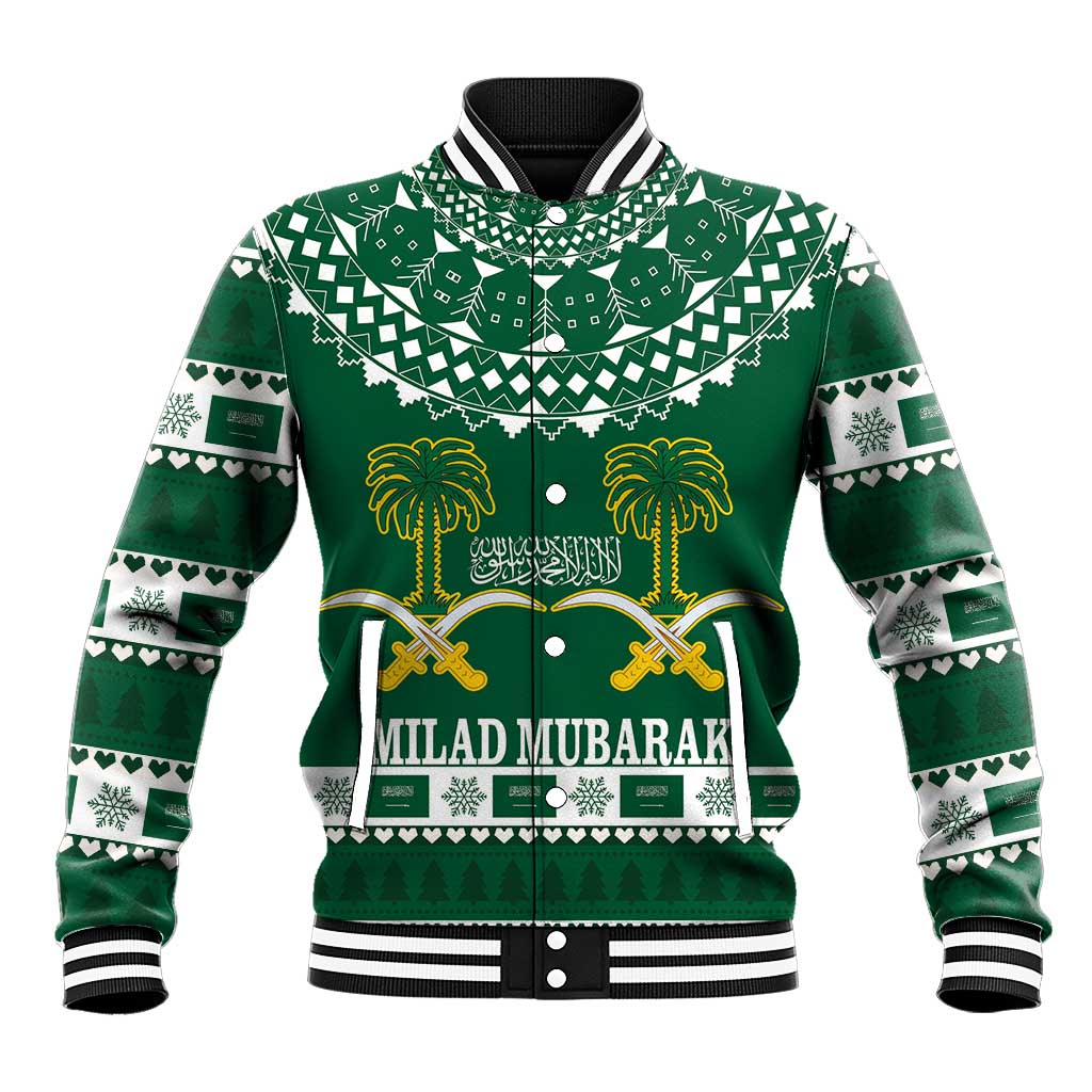 Green baseball jacket with white patterned yoke, palm tree crest, and striped buttoned hem