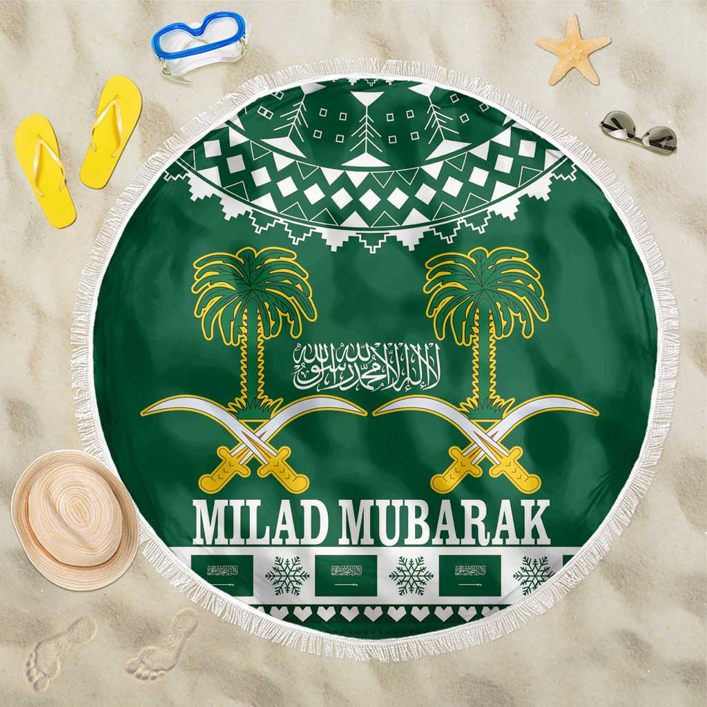 Green round beach blanket with tassel fringe, palm and sword emblem, Milad Mubarak text