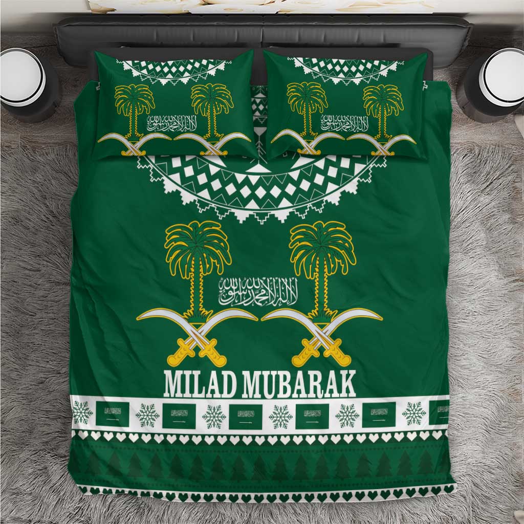 Top view of green “MILAD MUBARAK” bedding set with palm trees, swords, and patterned border