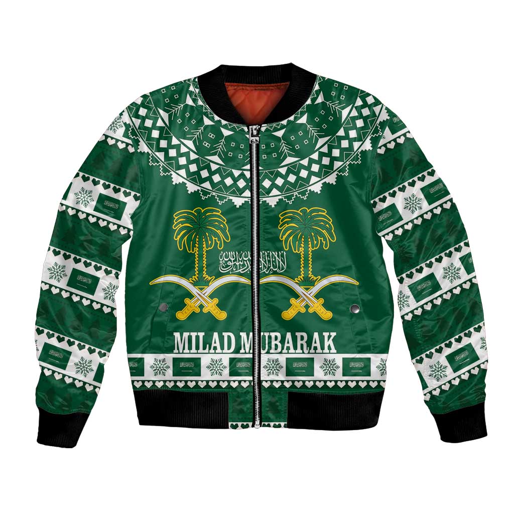 Green zip-front bomber jacket with white patterned yoke, palm trees, swords, Milad Mubarak
