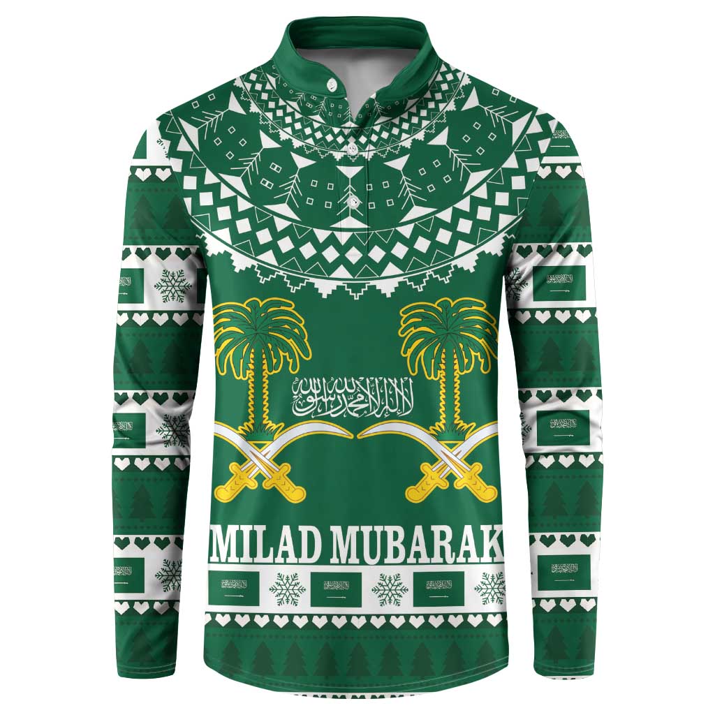 Green long-sleeve button sweatshirt with ornate crest and festive pattern graphic