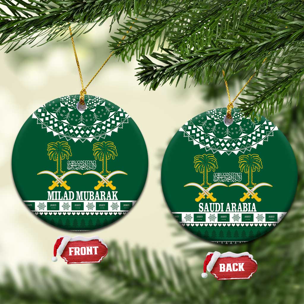 Green ceramic Christmas ornament set with gold Saudi coat of arms, hanging string