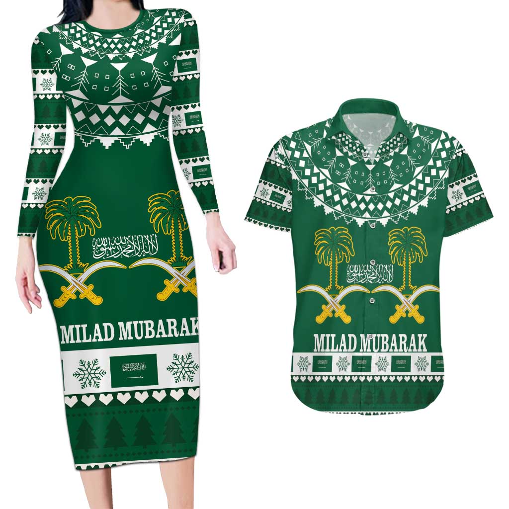 Saudi Arabia Christmas Couples Matching Long Sleeve Bodycon Dress and Hawaiian Shirt Coat Of Arms Milad Mubarak - Wonder Print Shop