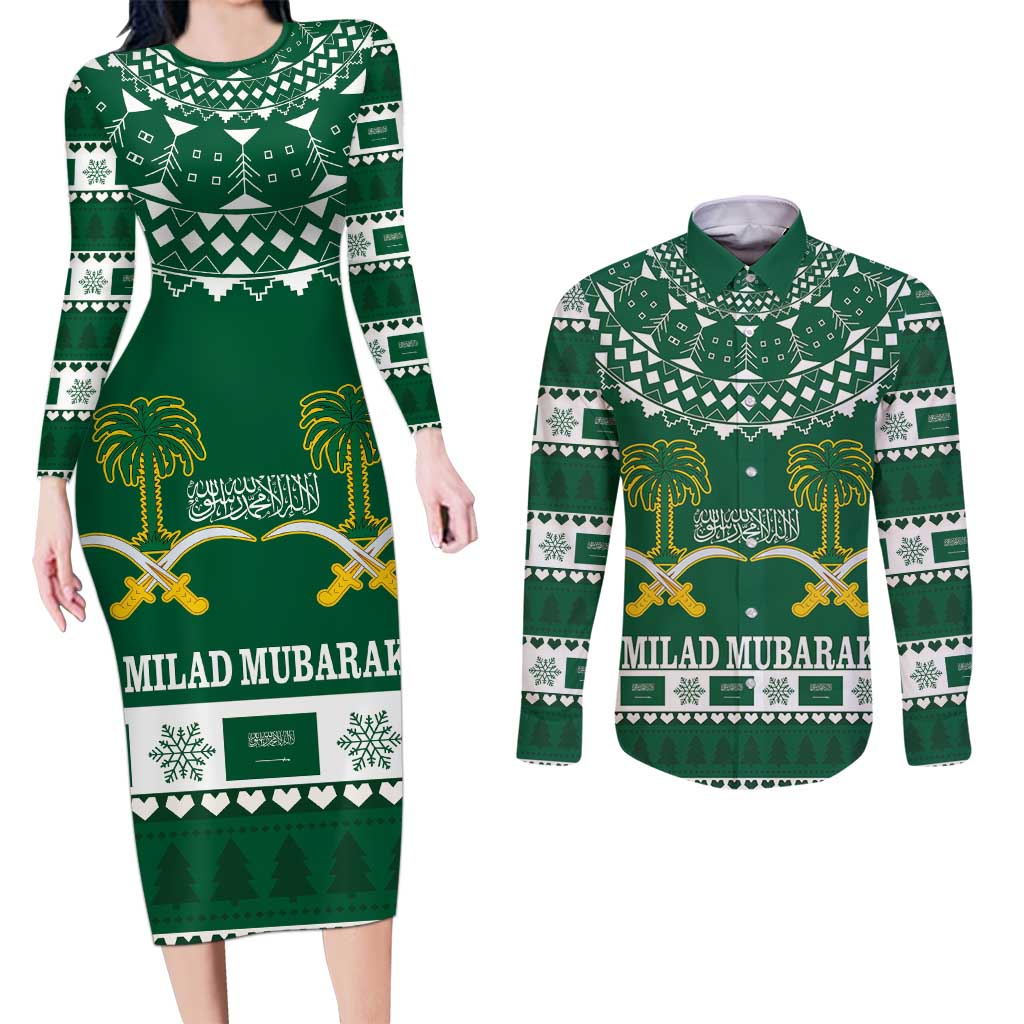 Saudi Arabia Christmas Couples Matching Long Sleeve Bodycon Dress and Long Sleeve Button Shirt Coat Of Arms Milad Mubarak - Wonder Print Shop