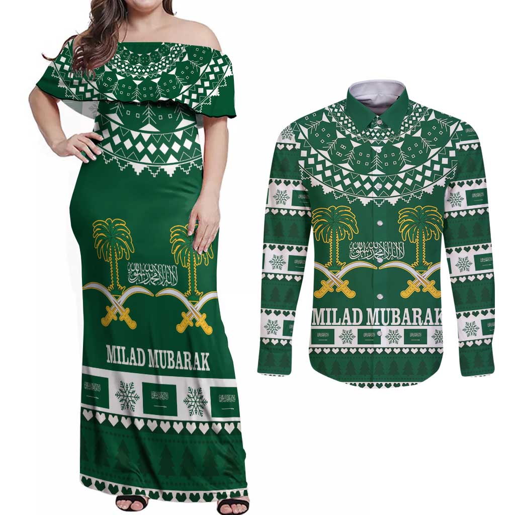 Saudi Arabia Christmas Couples Matching Off Shoulder Maxi Dress and Long Sleeve Button Shirt Coat Of Arms Milad Mubarak - Wonder Print Shop