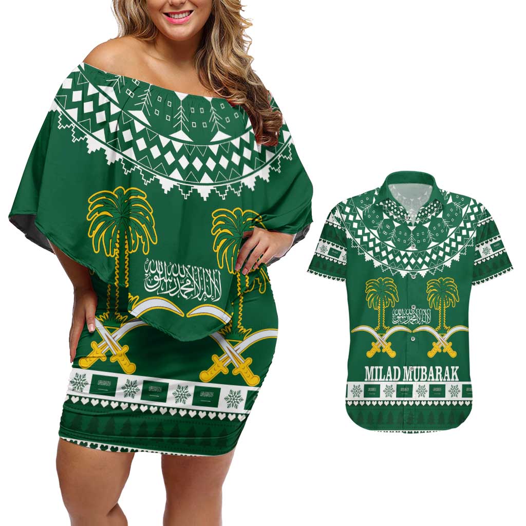 Saudi Arabia Christmas Couples Matching Off Shoulder Short Dress and Hawaiian Shirt Coat Of Arms Milad Mubarak - Wonder Print Shop