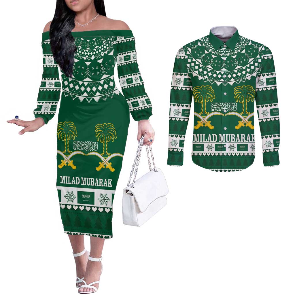 Saudi Arabia Christmas Couples Matching Off The Shoulder Long Sleeve Dress and Long Sleeve Button Shirt Coat Of Arms Milad Mubarak