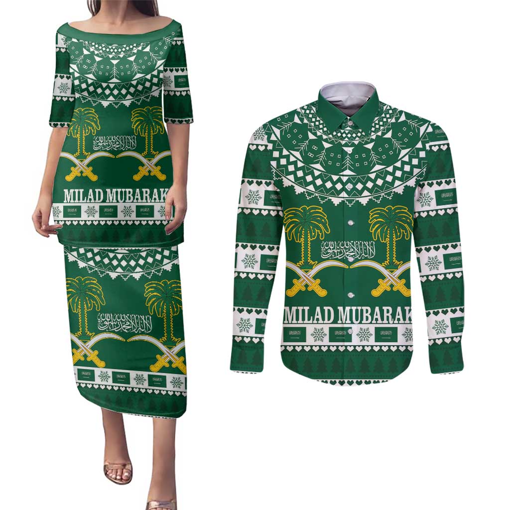 Saudi Arabia Christmas Couples Matching Puletasi and Long Sleeve Button Shirt Coat Of Arms Milad Mubarak - Wonder Print Shop