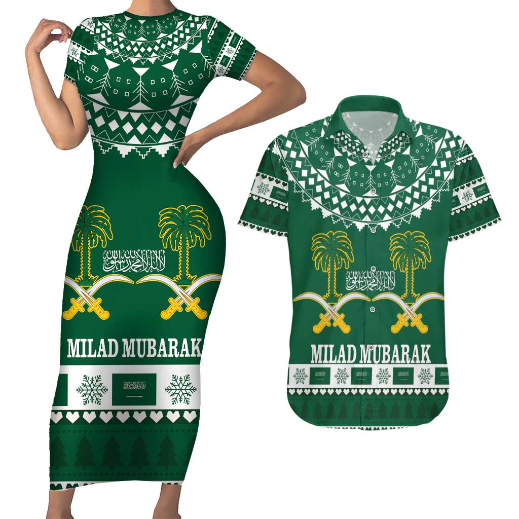 Saudi Arabia Christmas Couples Matching Short Sleeve Bodycon Dress and Hawaiian Shirt Coat Of Arms Milad Mubarak - Wonder Print Shop