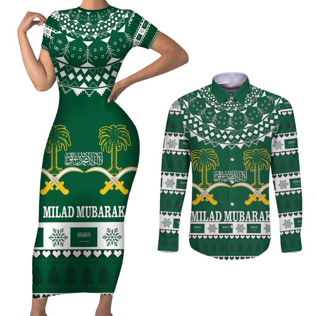 Saudi Arabia Christmas Couples Matching Short Sleeve Bodycon Dress and Long Sleeve Button Shirt Coat Of Arms Milad Mubarak - Wonder Print Shop