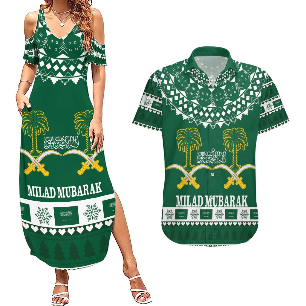 Saudi Arabia Christmas Couples Matching Summer Maxi Dress and Hawaiian Shirt Coat Of Arms Milad Mubarak - Wonder Print Shop