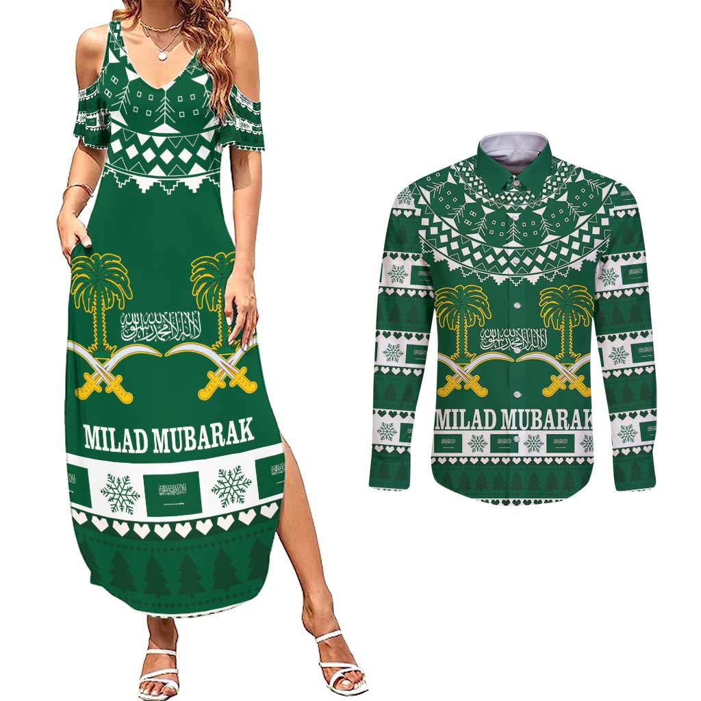 Saudi Arabia Christmas Couples Matching Summer Maxi Dress and Long Sleeve Button Shirt Coat Of Arms Milad Mubarak - Wonder Print Shop