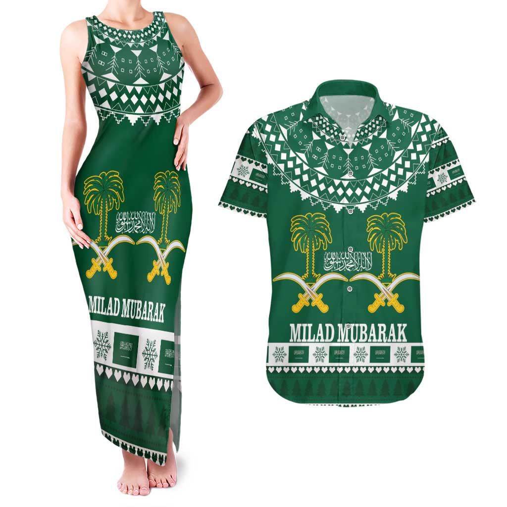 Saudi Arabia Christmas Couples Matching Tank Maxi Dress and Hawaiian Shirt Coat Of Arms Milad Mubarak - Wonder Print Shop