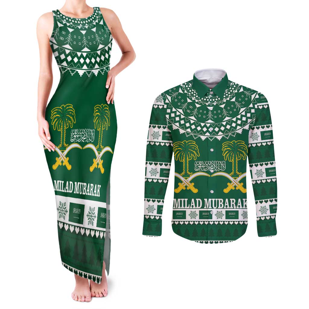 Saudi Arabia Christmas Couples Matching Tank Maxi Dress and Long Sleeve Button Shirt Coat Of Arms Milad Mubarak - Wonder Print Shop