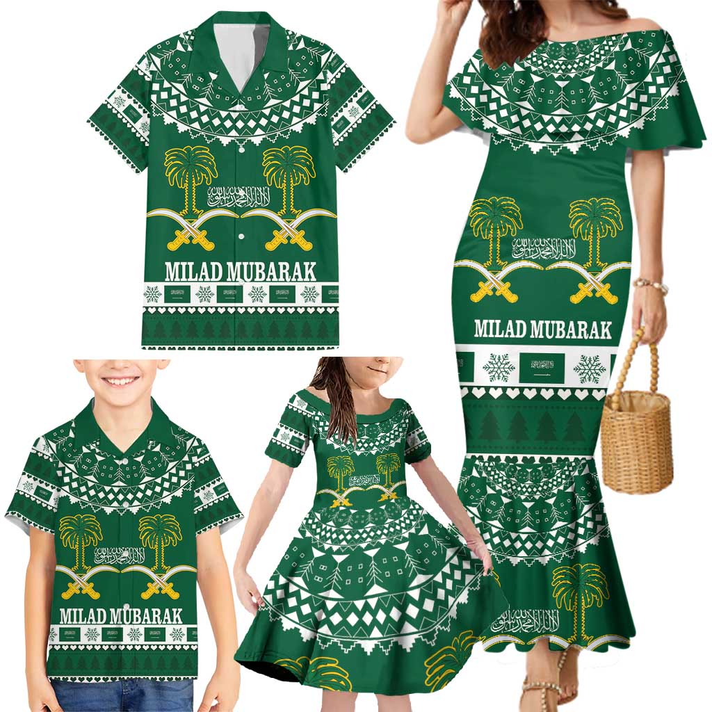 Saudi Arabia Christmas Family Matching Mermaid Dress and Hawaiian Shirt Coat Of Arms Milad Mubarak - Wonder Print Shop