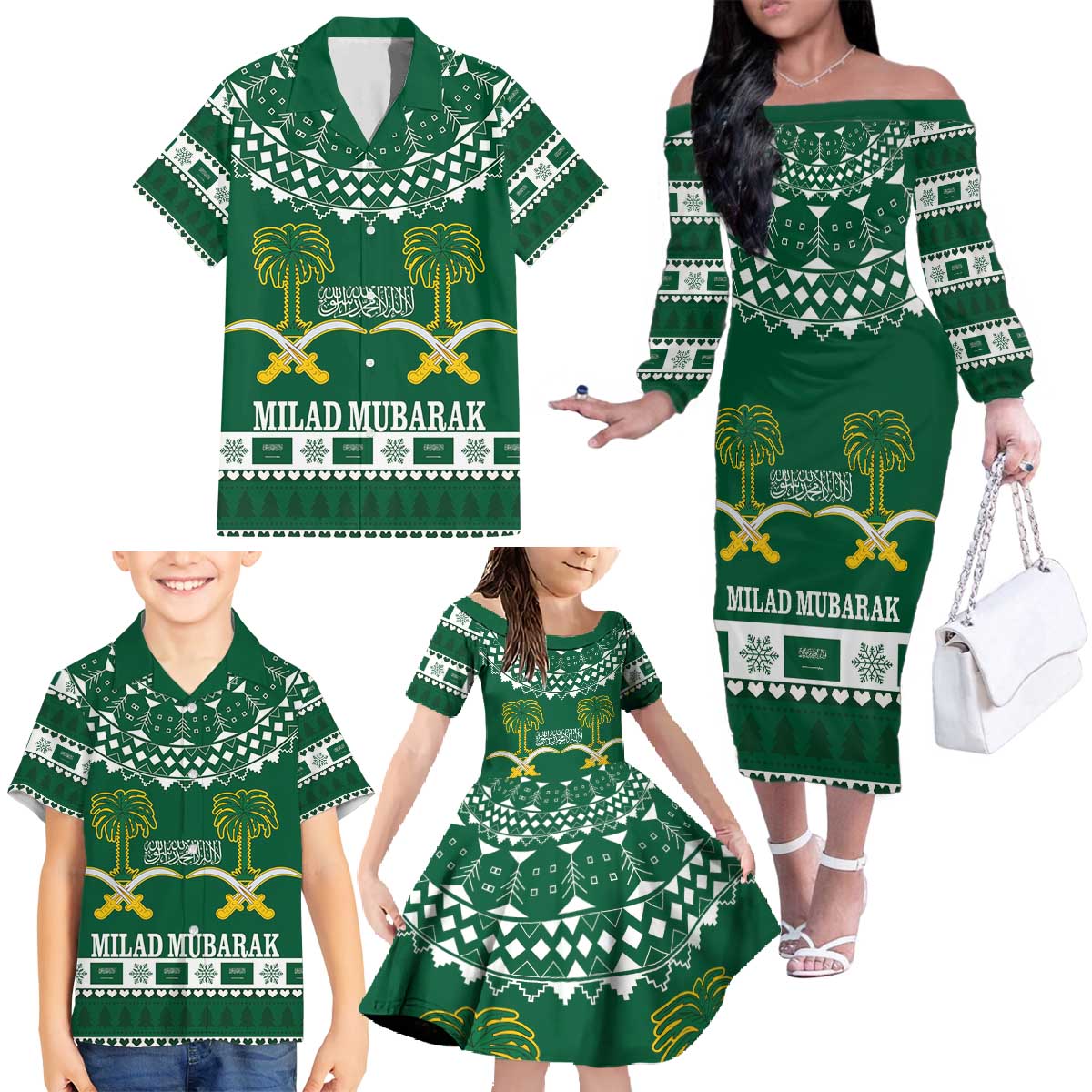 Saudi Arabia Christmas Family Matching Off The Shoulder Long Sleeve Dress and Hawaiian Shirt Coat Of Arms Milad Mubarak - Wonder Print Shop