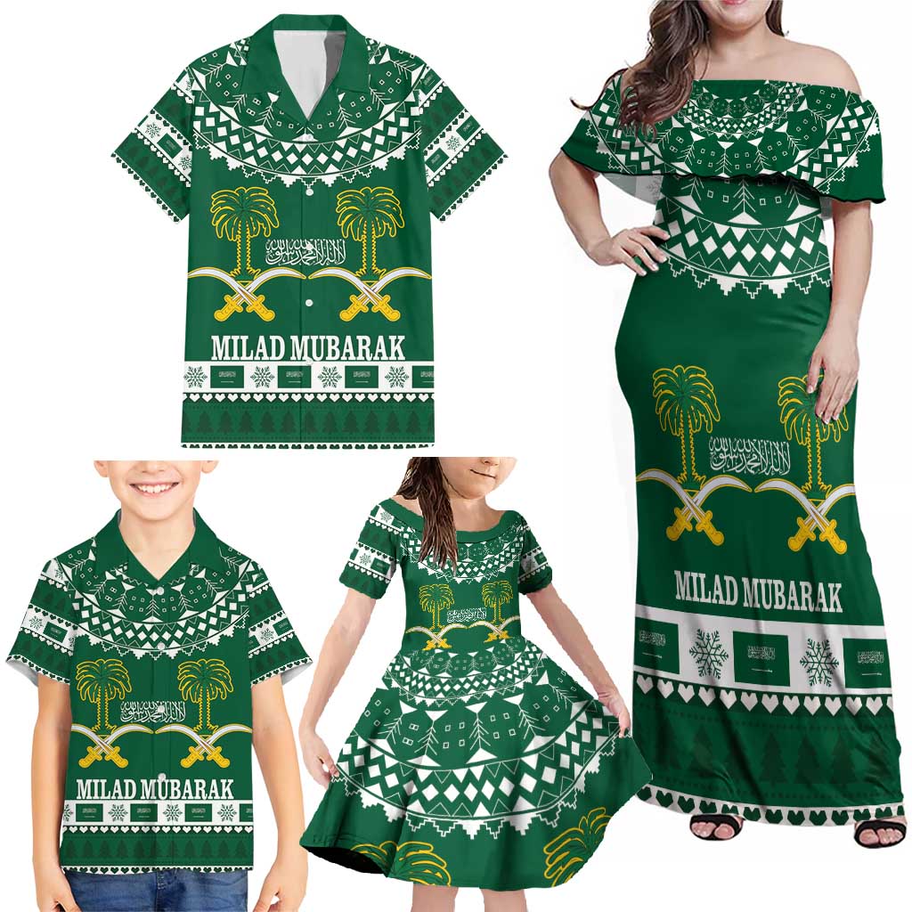 Saudi Arabia Christmas Family Matching Off Shoulder Maxi Dress and Hawaiian Shirt Coat Of Arms Milad Mubarak - Wonder Print Shop