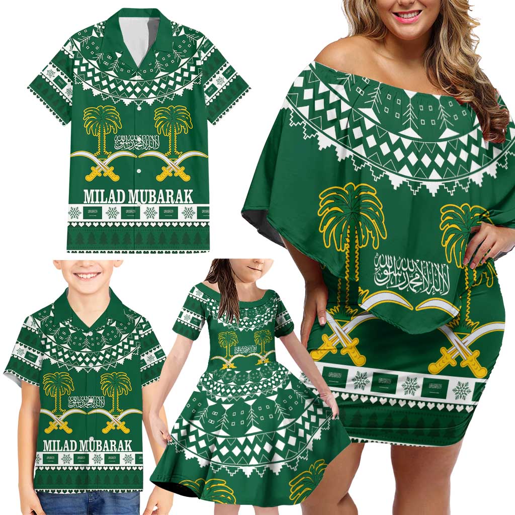 Saudi Arabia Christmas Family Matching Off Shoulder Short Dress and Hawaiian Shirt Coat Of Arms Milad Mubarak - Wonder Print Shop