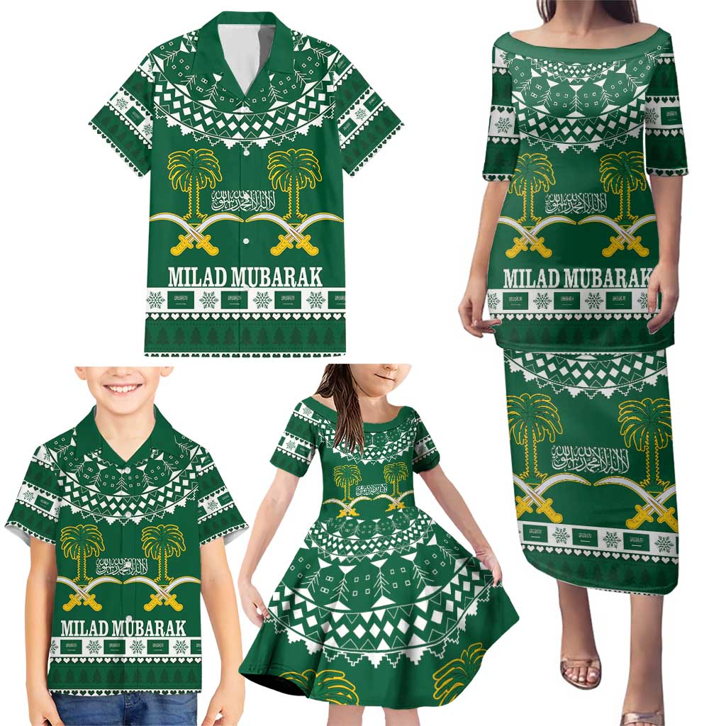 Saudi Arabia Christmas Family Matching Puletasi and Hawaiian Shirt Coat Of Arms Milad Mubarak - Wonder Print Shop