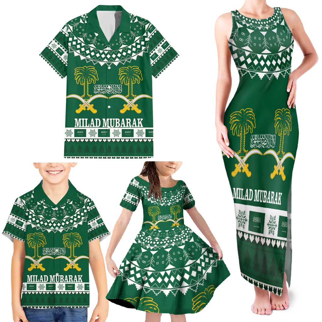 Saudi Arabia Christmas Family Matching Tank Maxi Dress and Hawaiian Shirt Coat Of Arms Milad Mubarak - Wonder Print Shop