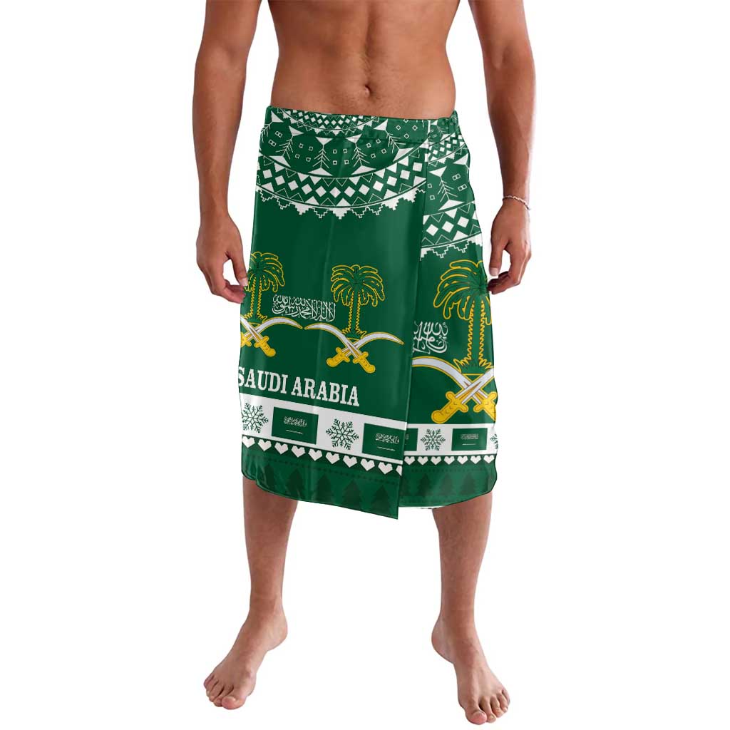 Green patterned sarong-style wrap skirt with Saudi coat of arms and palms