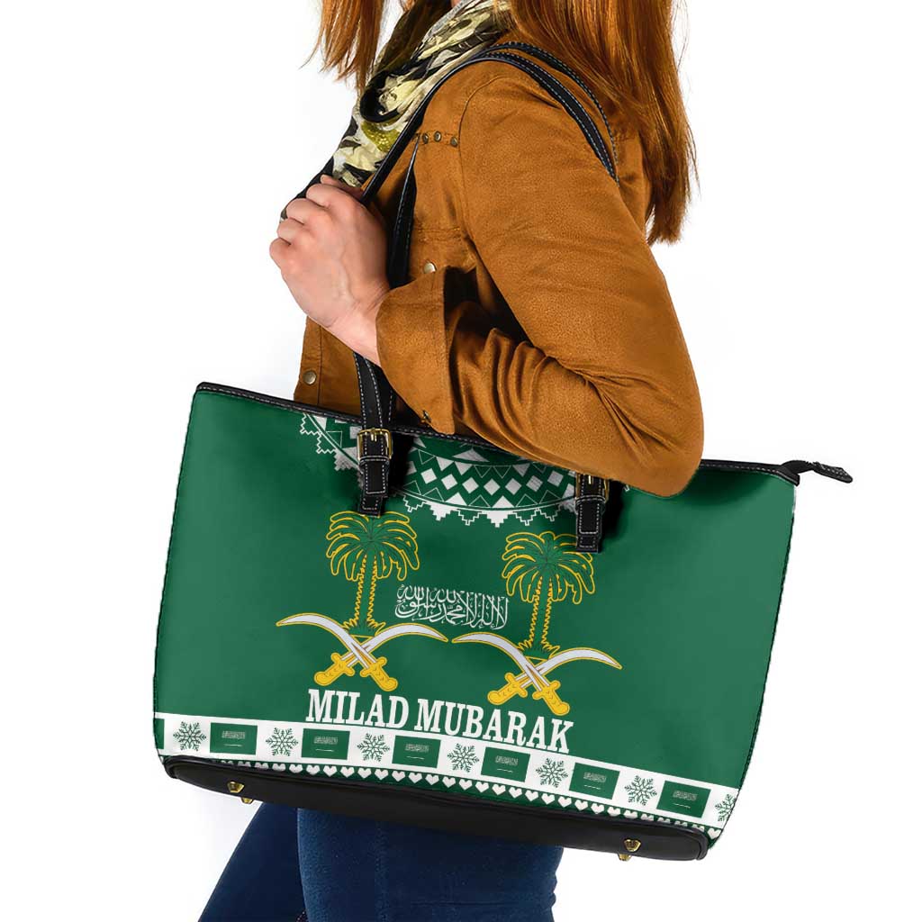 Saudi Arabia Christmas Leather Tote Bag Coat Of Arms Milad Mubarak - Wonder Print Shop