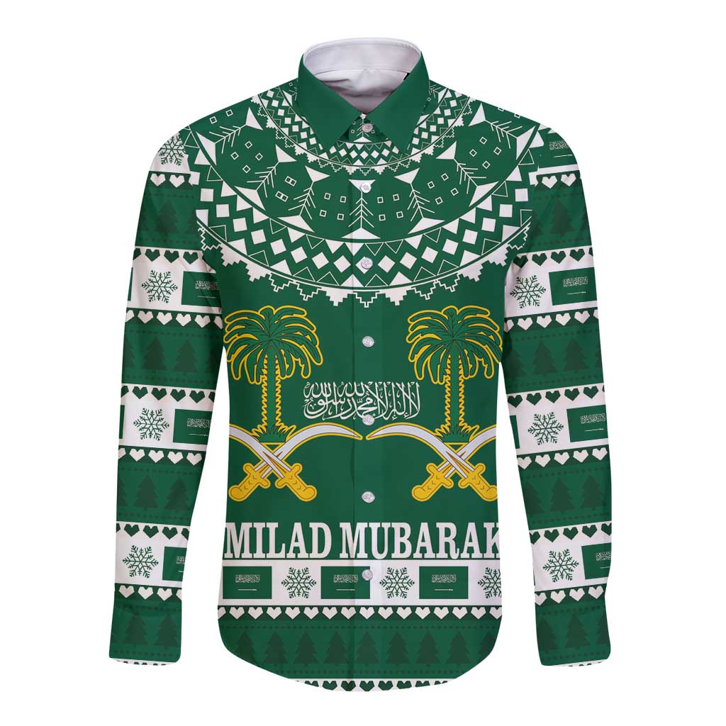 Green long-sleeve button shirt coat with Milad Mubarak graphic front