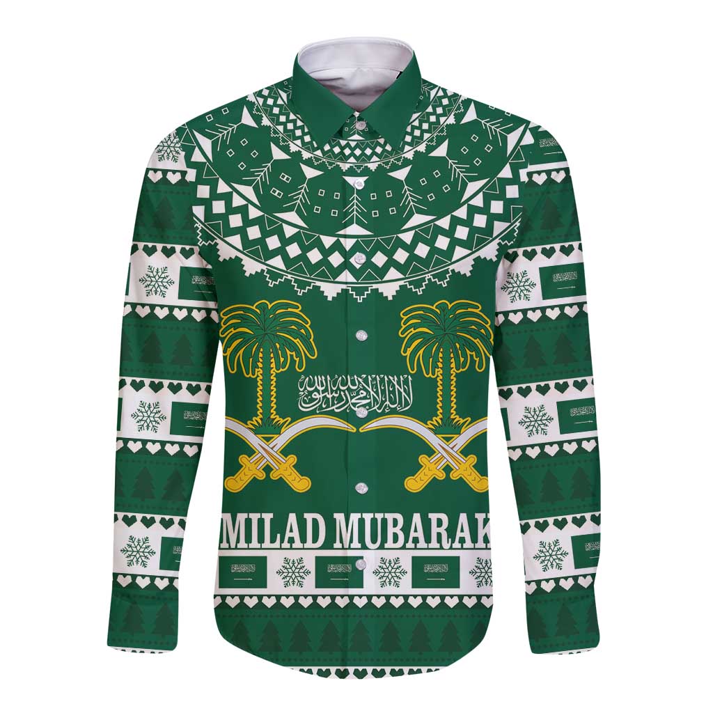 Saudi Arabia Christmas Long Sleeve Button Shirt Coat Of Arms Milad Mubarak - Wonder Print Shop