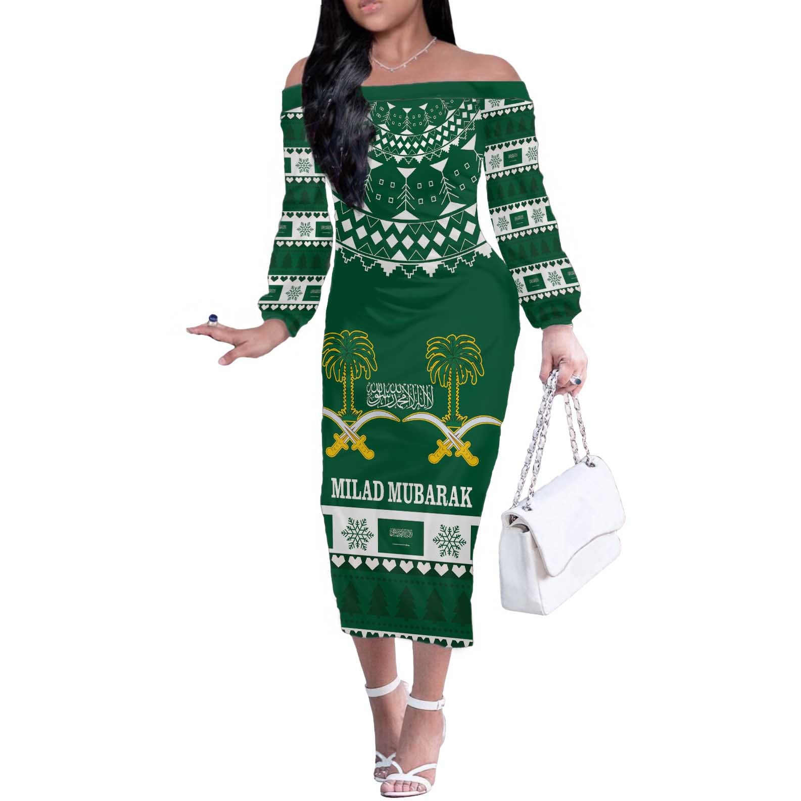 Saudi Arabia Christmas Off The Shoulder Long Sleeve Dress Coat Of Arms Milad Mubarak - Wonder Print Shop