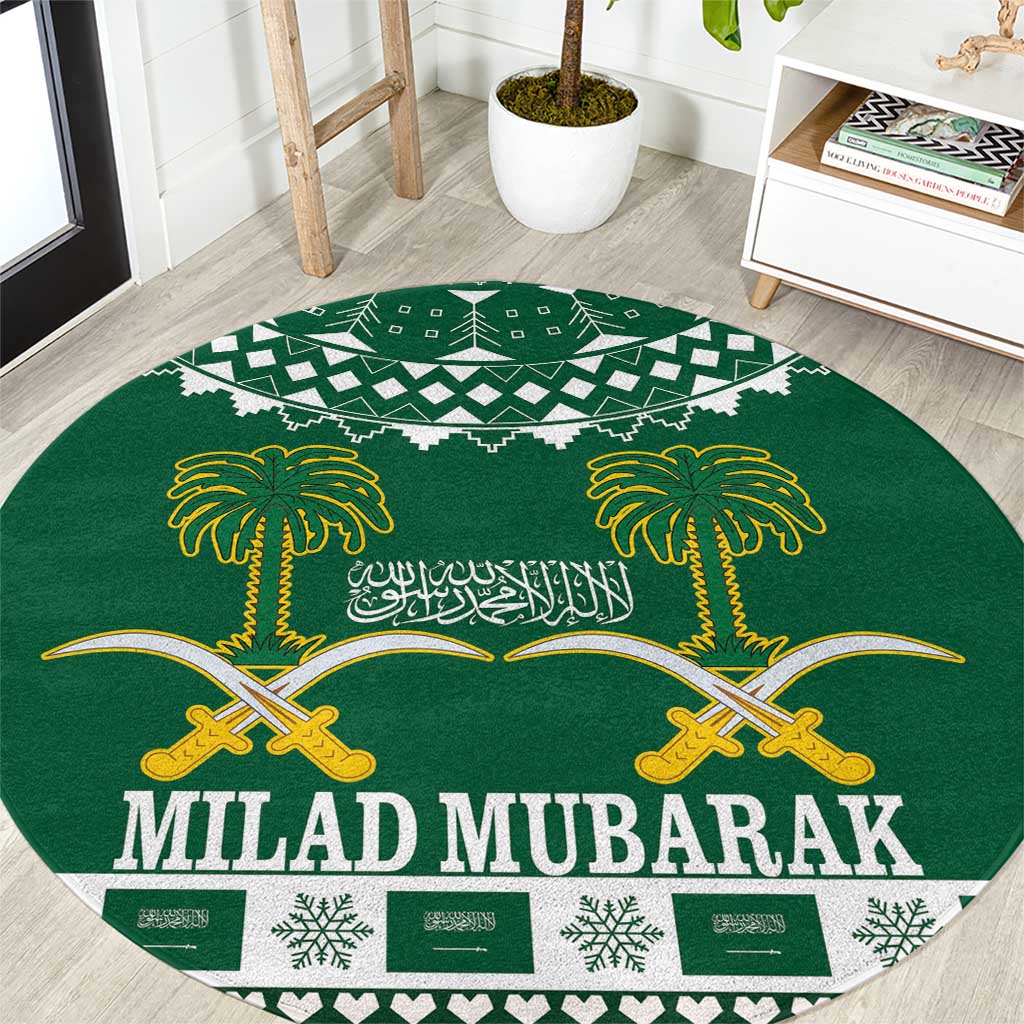 Green round Milad Mubarak carpet with gold palms, crossed swords, and Arabic text