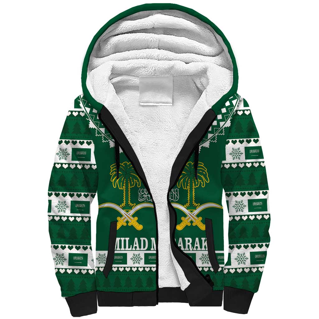 Saudi Arabia Christmas Sherpa Hoodie Coat Of Arms Milad Mubarak - Wonder Print Shop