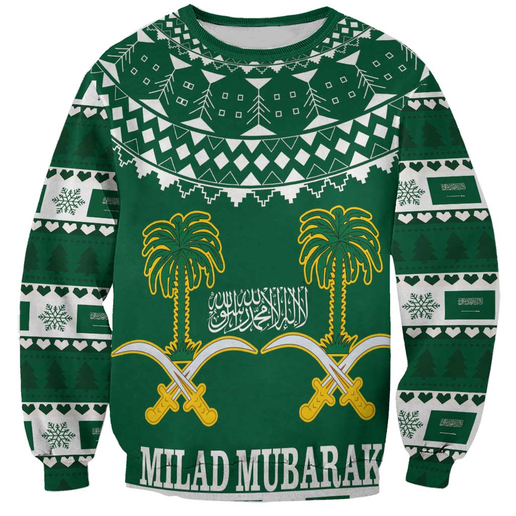 Unisex green Christmas sweatshirt with Arabic crest, palms, crossed swords, 'Milad Mubarak'