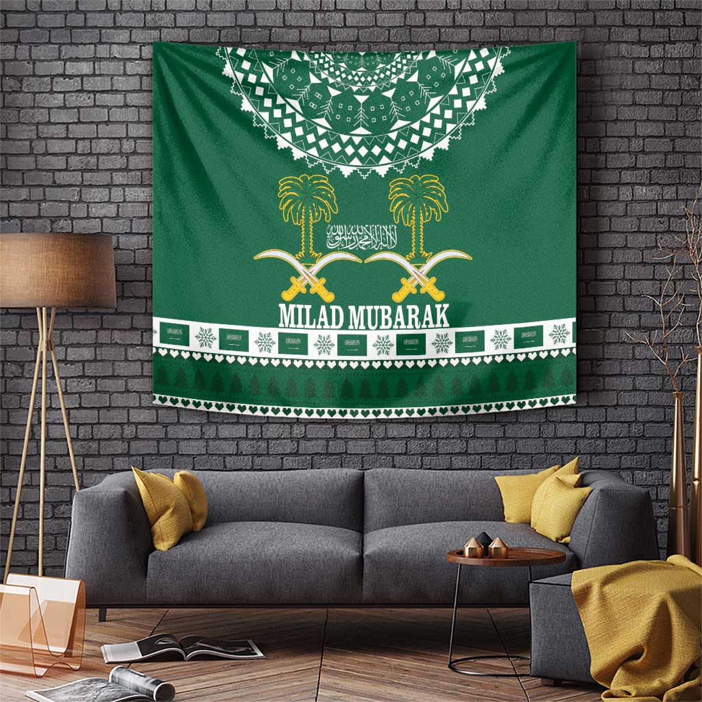 Green Milad Mubarak tapestry with gold swords, palm trees, and decorative border design